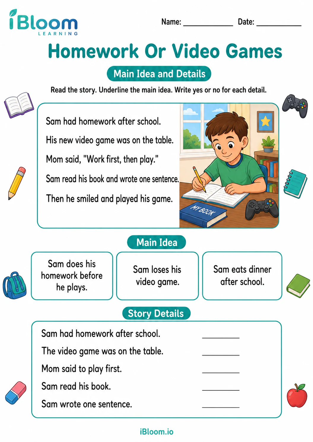 Preview page 1 of Homework Or Video Games — Main Idea and Details