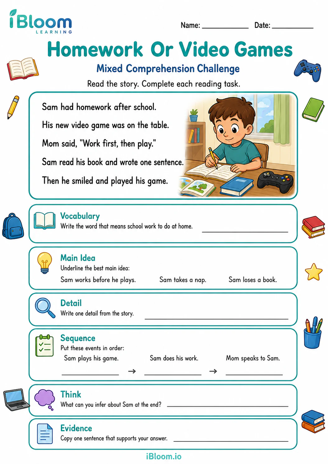 Preview page 1 of Homework Or Video Games — Mixed Comprehension Challenge