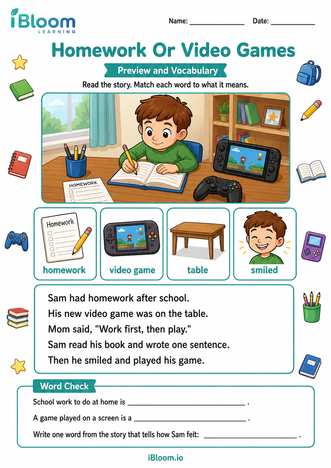 Preview page 1 of Homework Or Video Games — Preview and Vocabulary