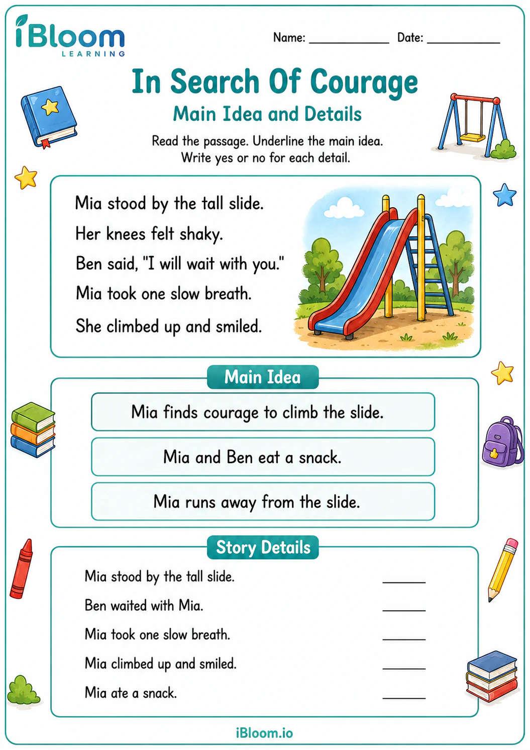 Preview of In Search Of Courage — Main Idea and Details worksheet