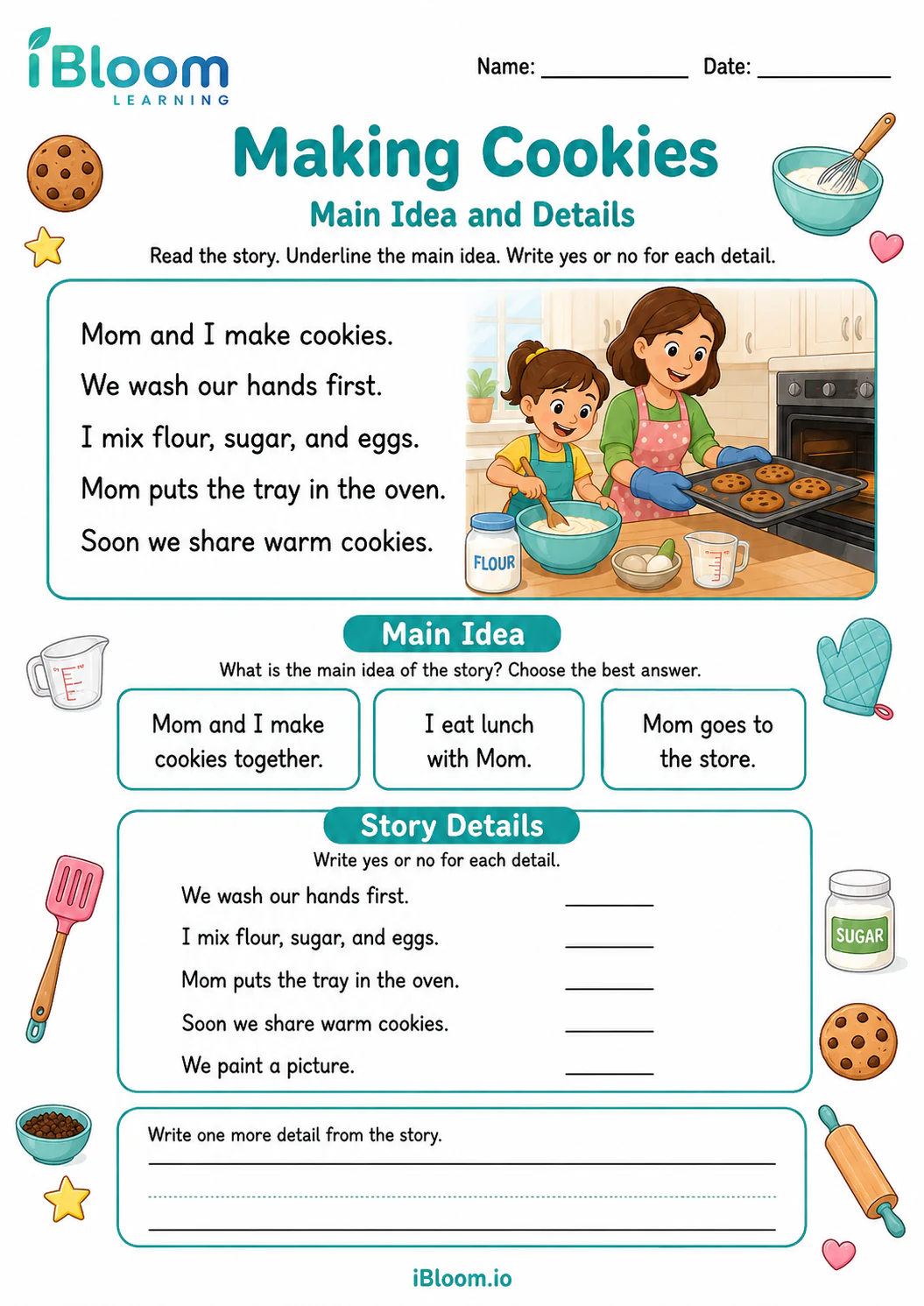 Preview page 1 of Making Cookies — Main Idea and Details