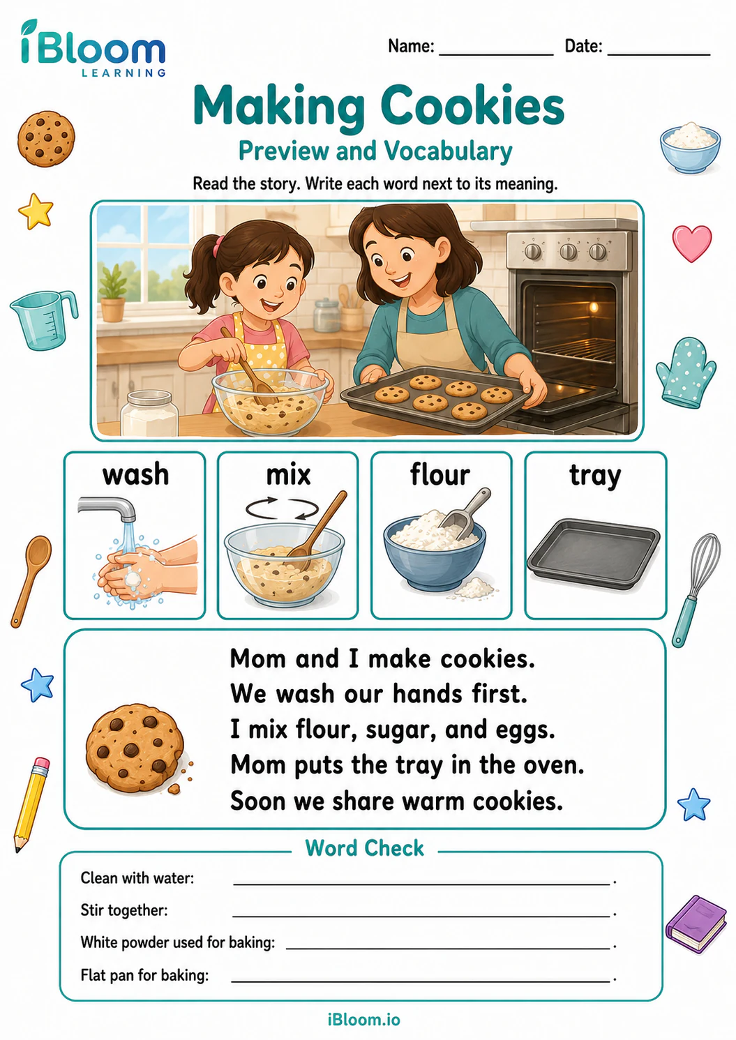 Preview page 1 of Making Cookies — Preview and Vocabulary