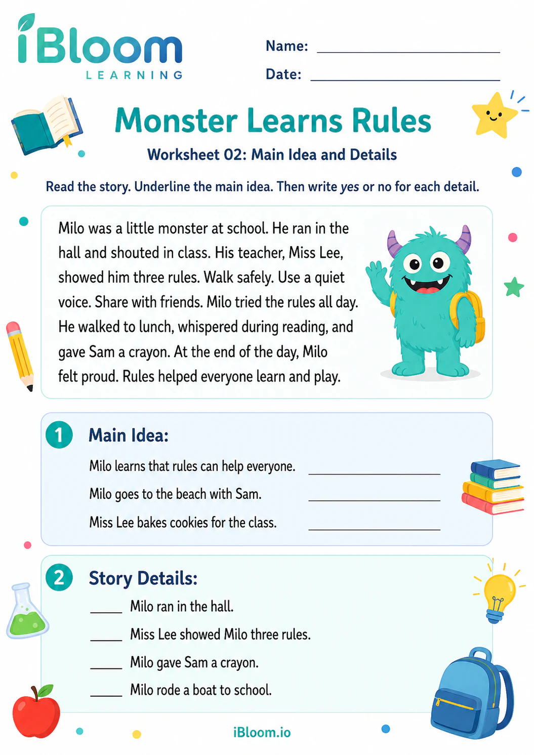 Preview page 1 of Monster Learns Rules — Main Idea and Details