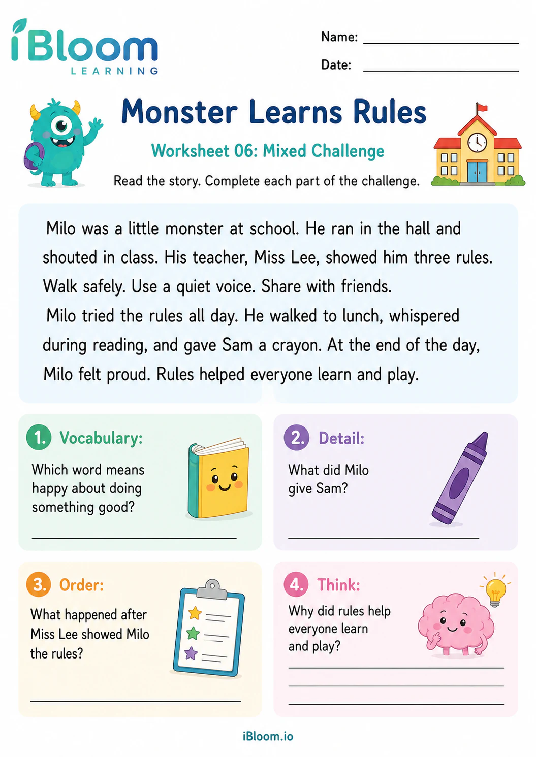 Preview page 1 of Monster Learns Rules — Mixed Comprehension Challenge
