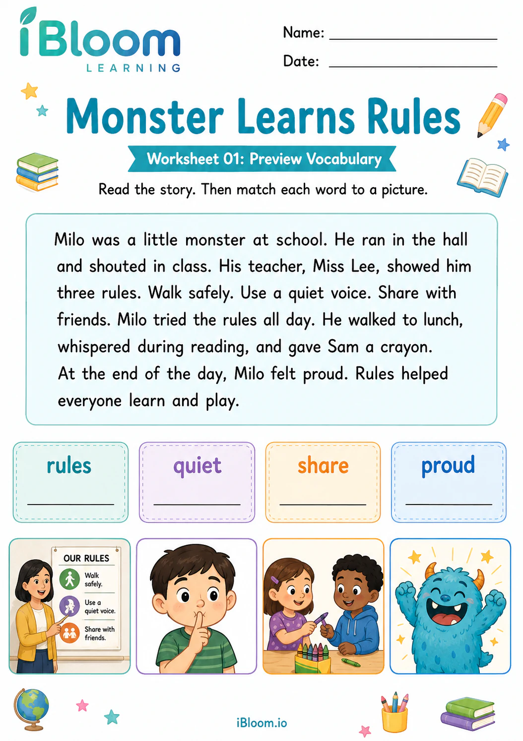Preview page 1 of Monster Learns Rules — Preview and Vocabulary