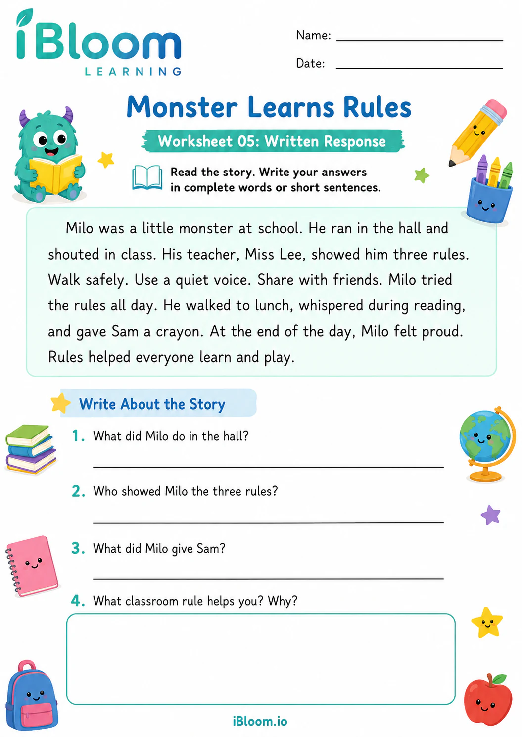 Preview page 1 of Monster Learns Rules — Written Response