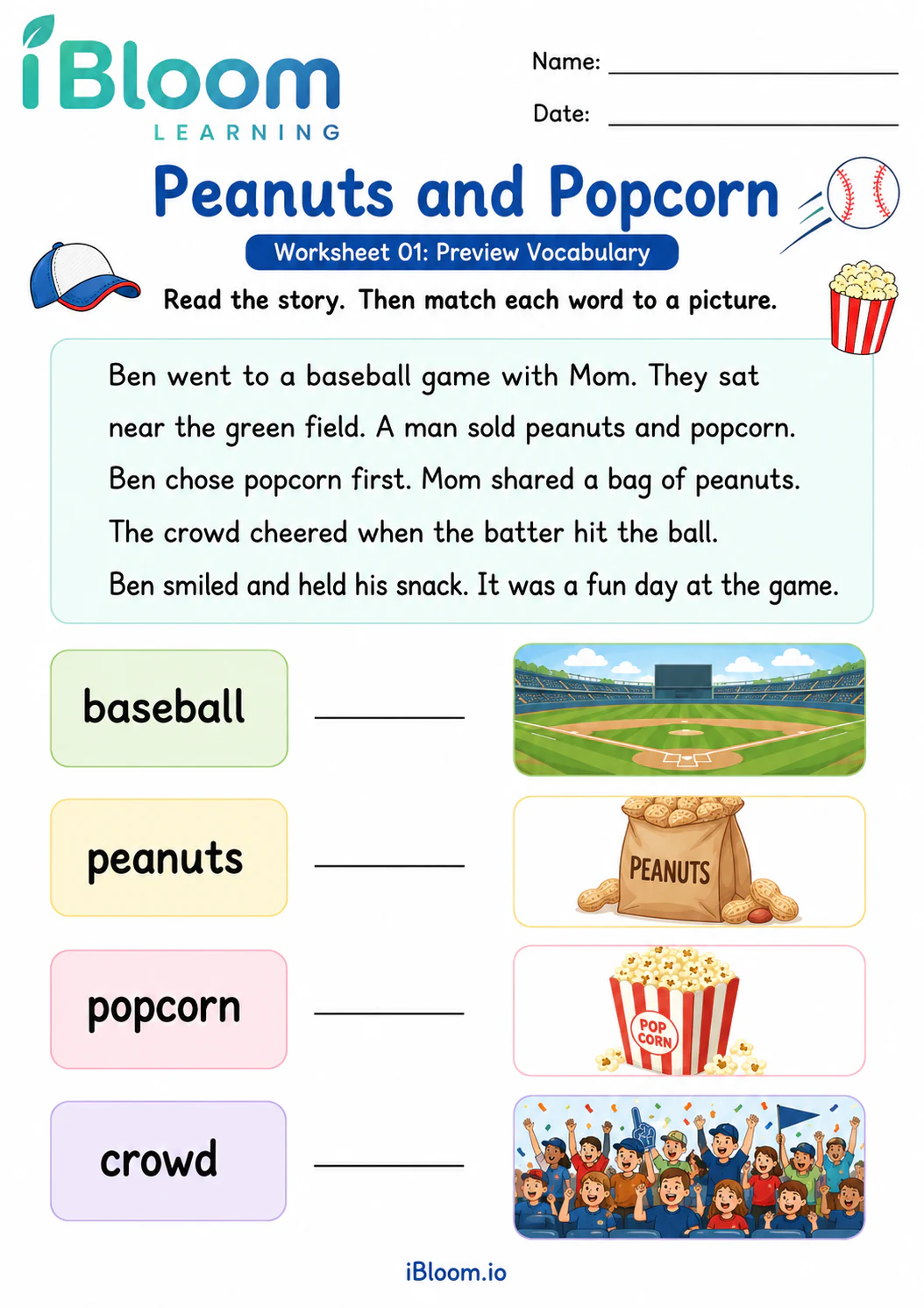 Preview page 1 of Peanuts Popcorn — Preview and Vocabulary