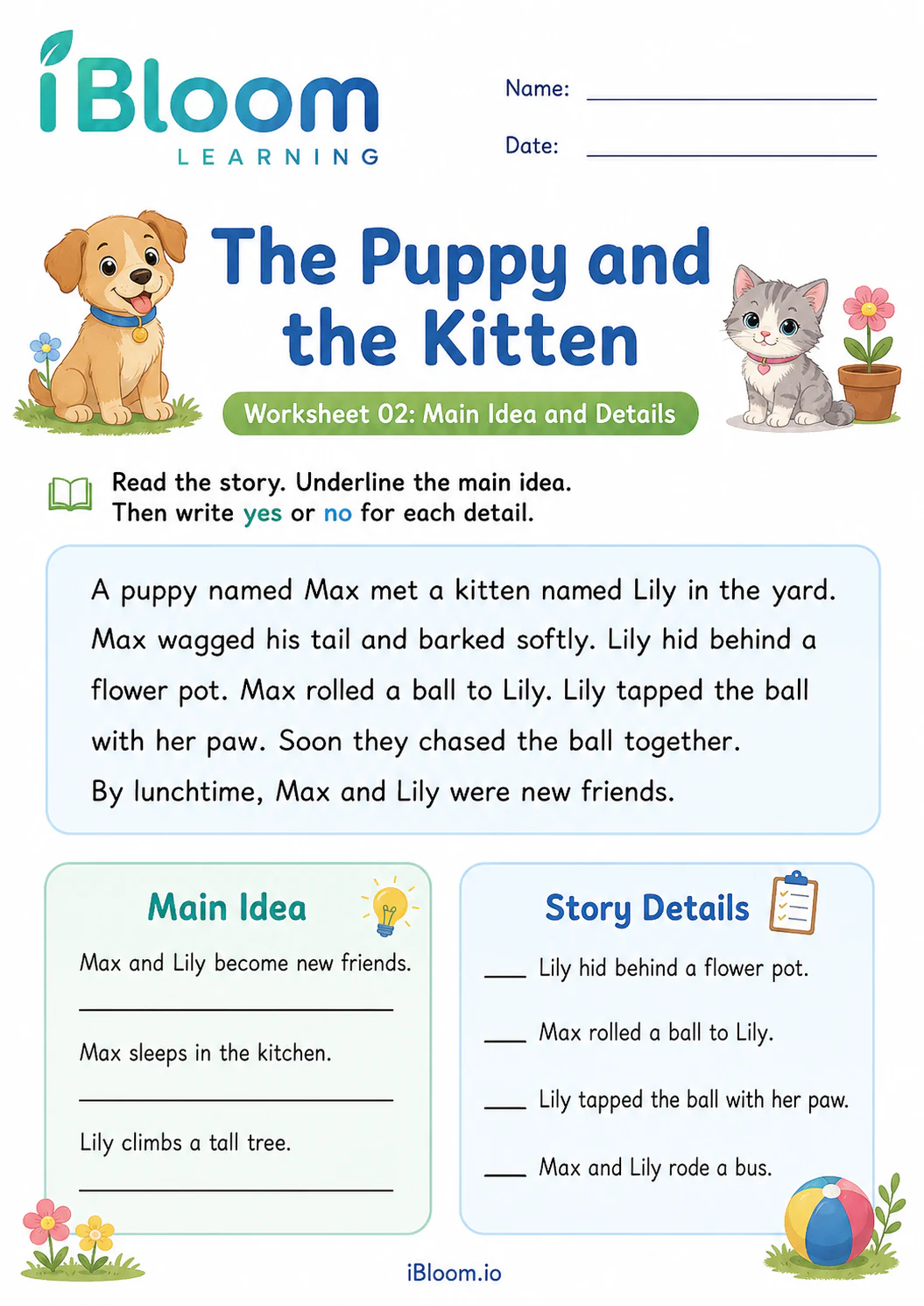 Puppy Kitten — Main Idea and Details worksheet page 1