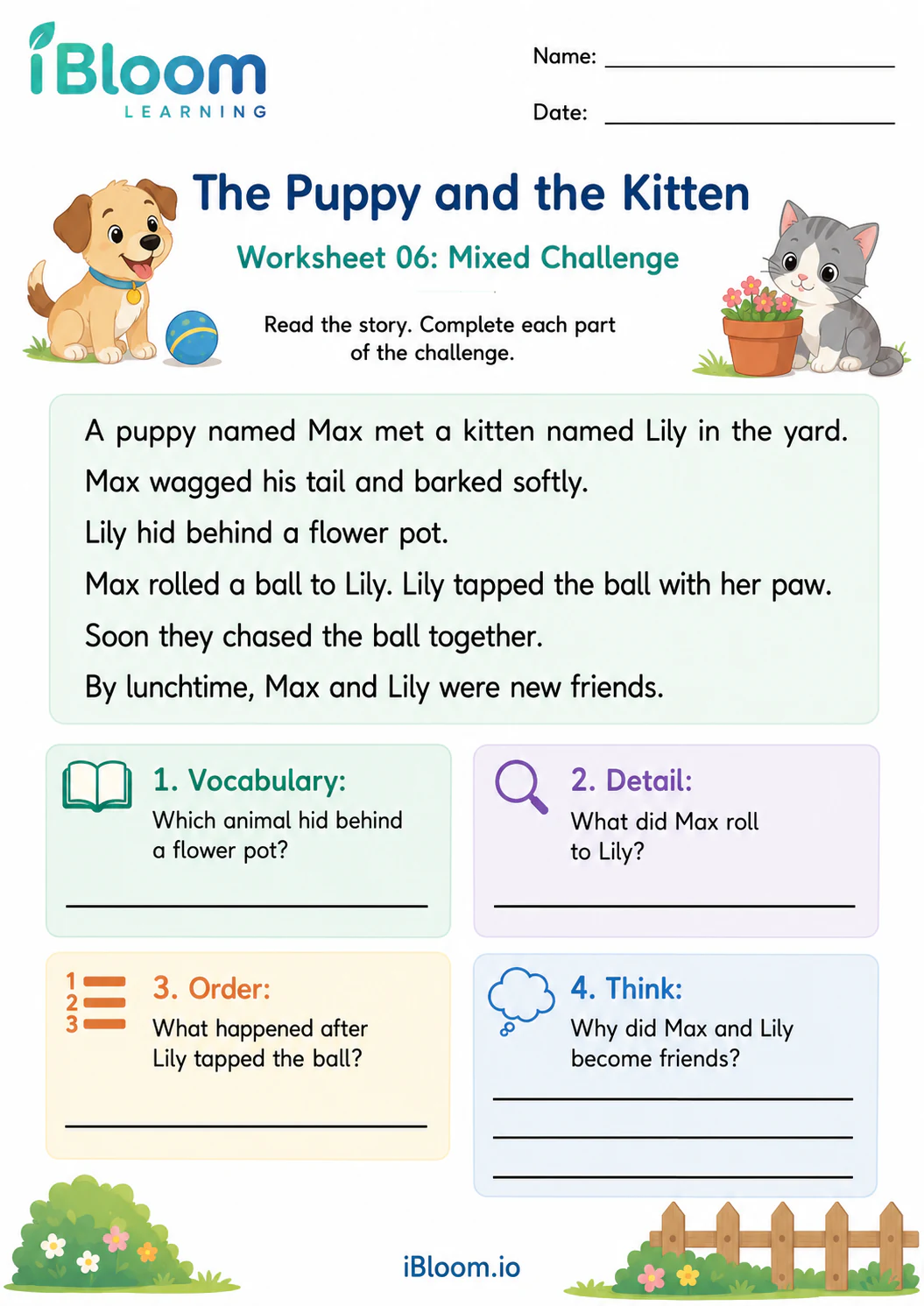 Preview page 1 of Puppy Kitten — Mixed Comprehension Challenge