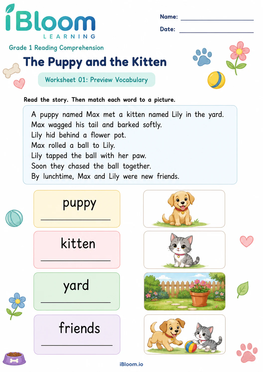 Preview page 1 of Puppy Kitten — Preview and Vocabulary