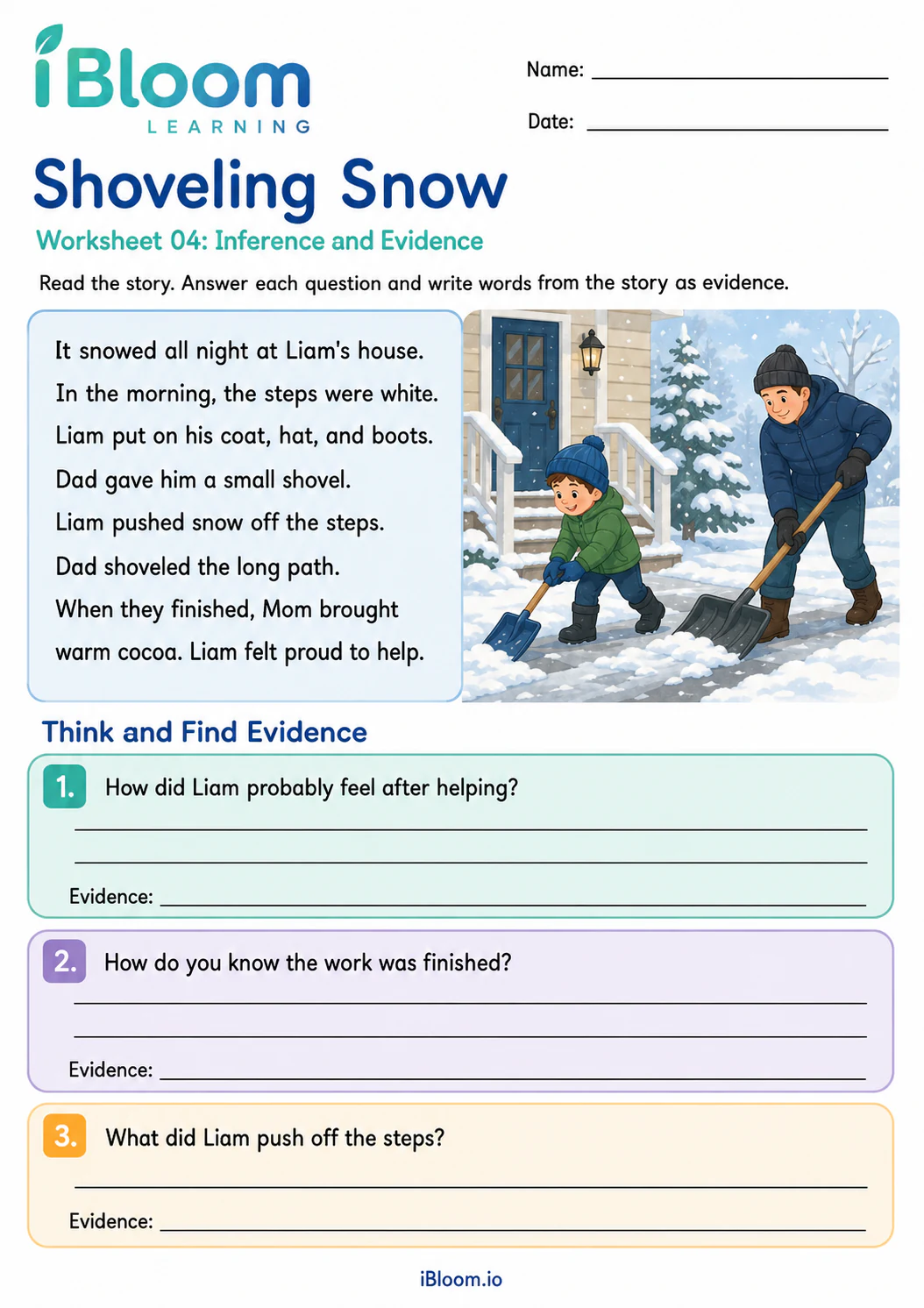 Shovel Snow — Inference and Evidence worksheet page 1