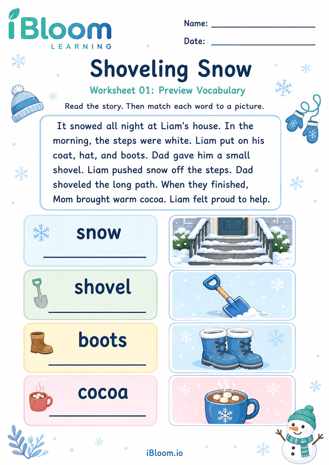 Preview page 1 of Shovel Snow — Preview and Vocabulary