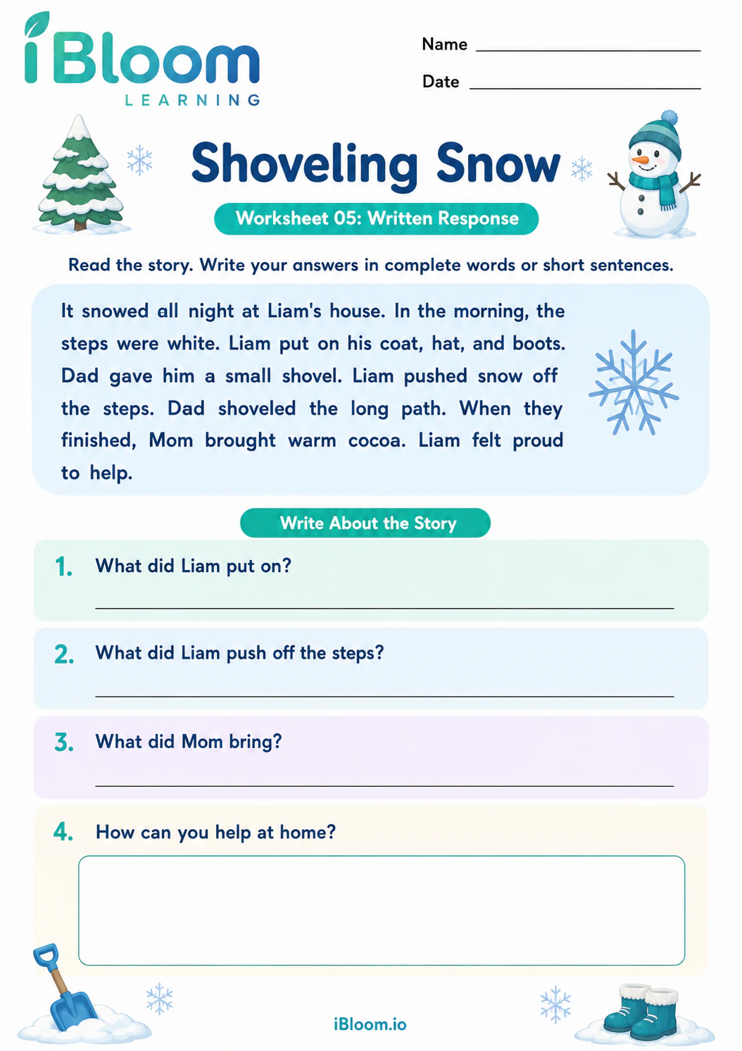 Preview page 1 of Shovel Snow — Written Response