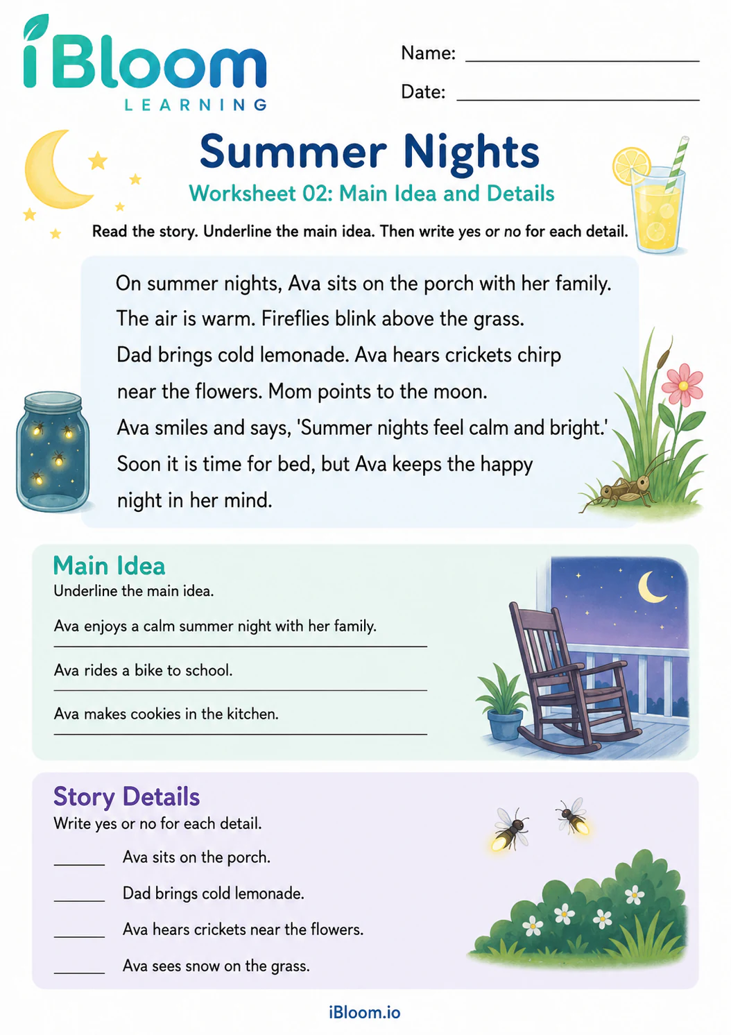 Preview page 1 of Summer Nights — Main Idea and Details