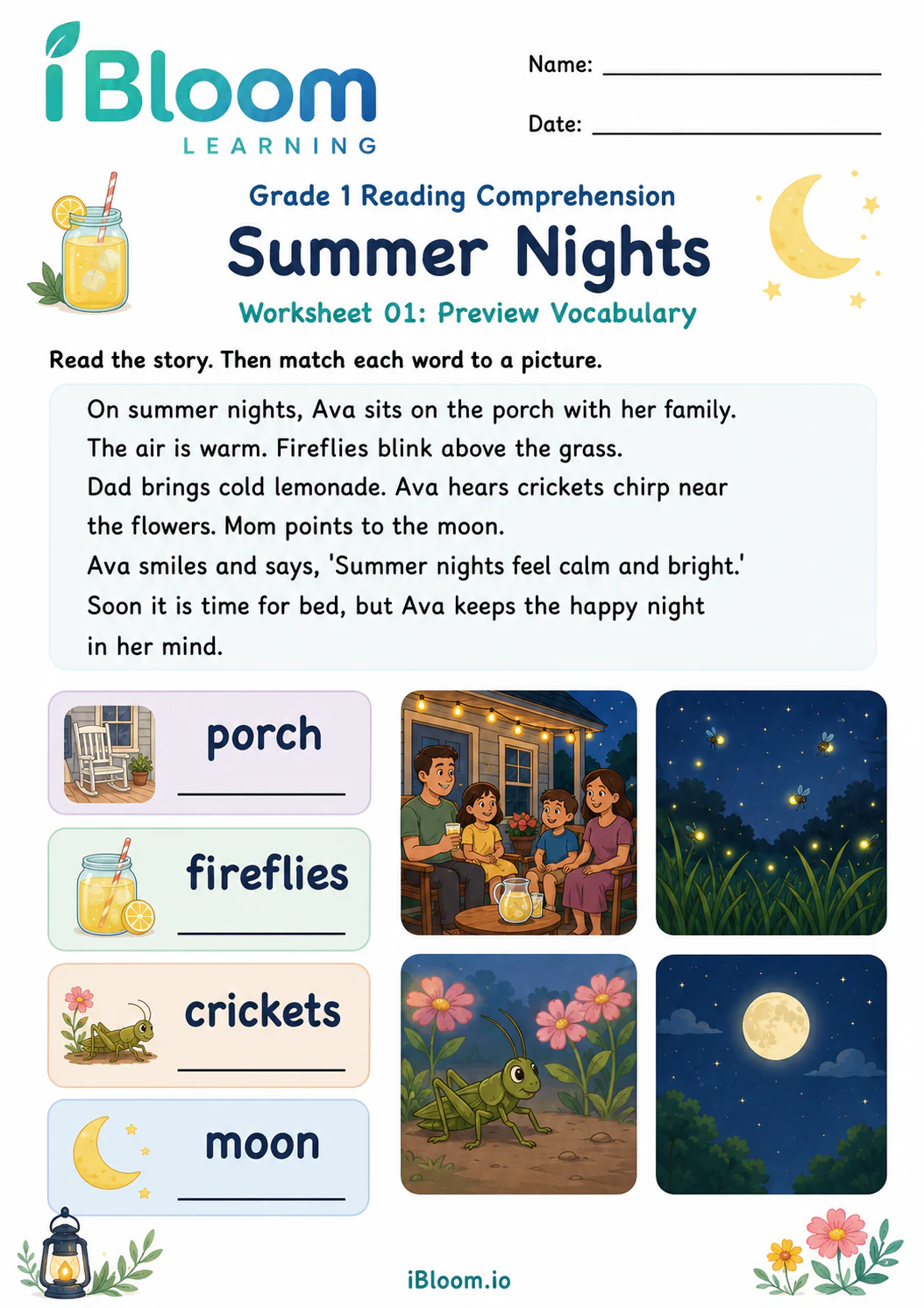 Preview page 1 of Summer Nights — Preview and Vocabulary