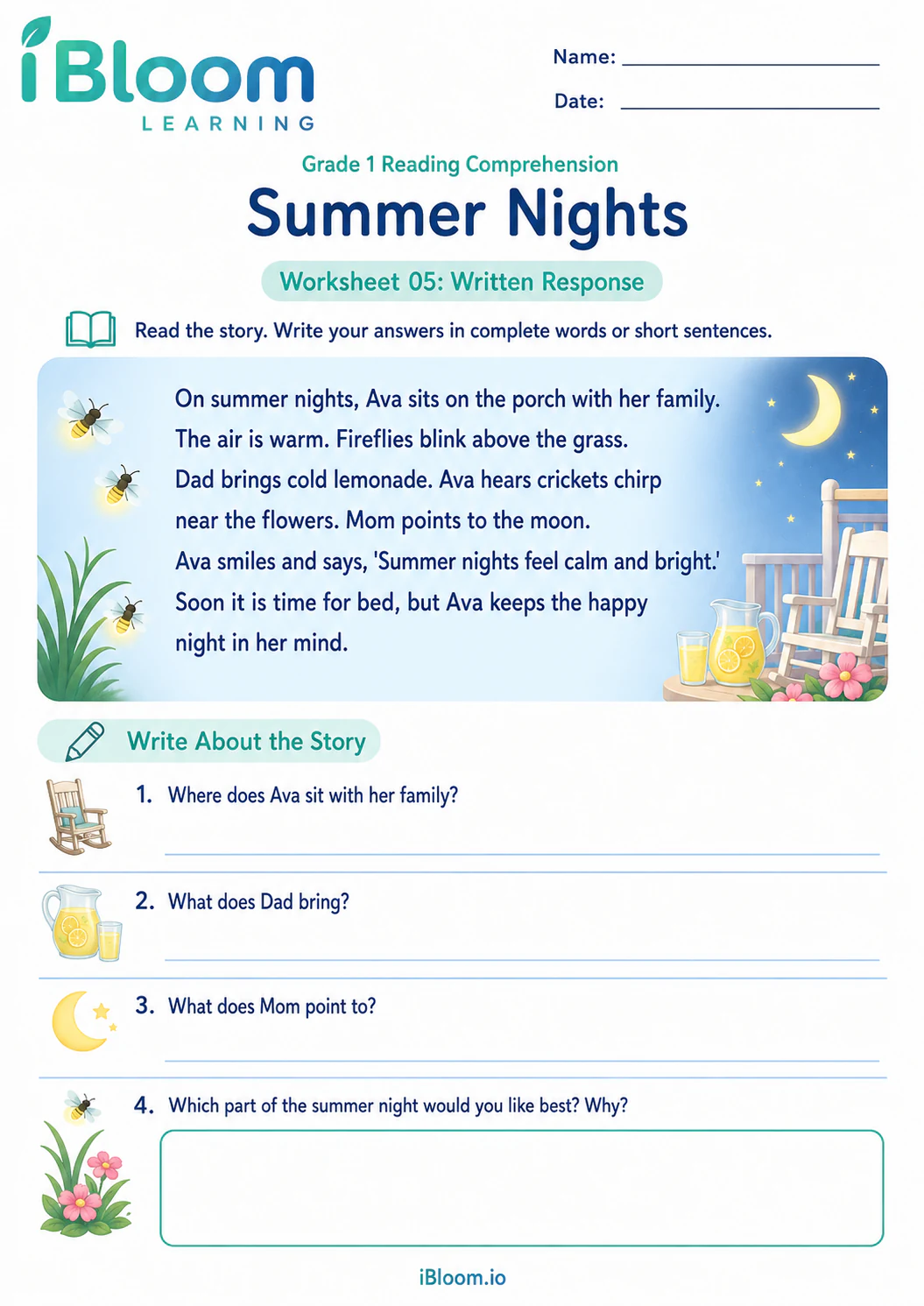 Preview page 1 of Summer Nights — Written Response