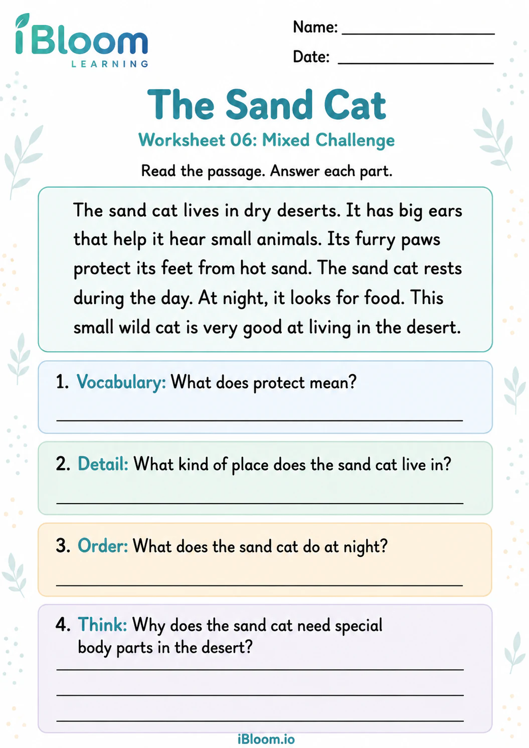 Preview page 1 of The Sand Cat — Mixed Comprehension Challenge