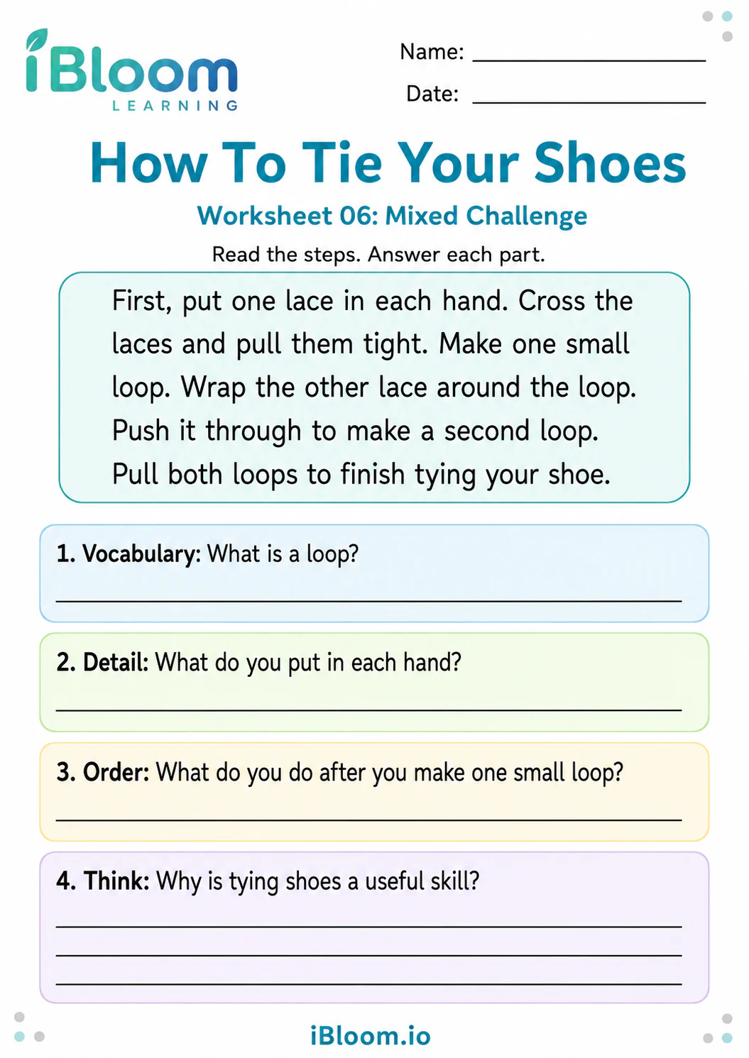 Preview page 1 of Tie Shoes — Mixed Comprehension Challenge