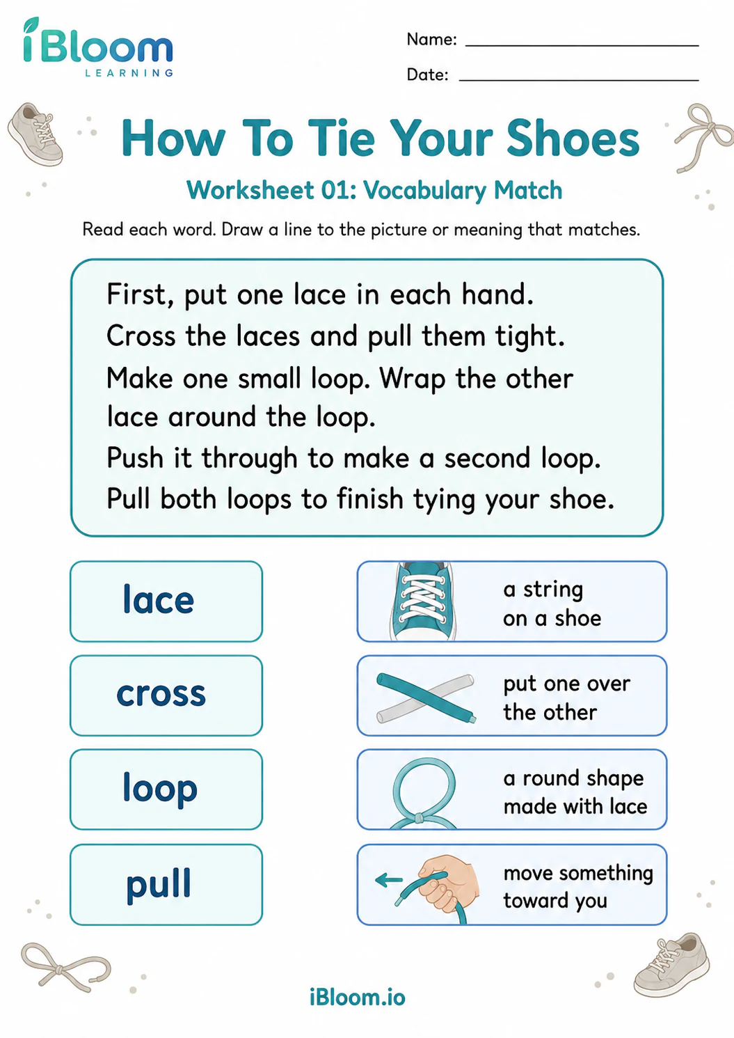 Preview page 1 of Tie Shoes — Preview and Vocabulary