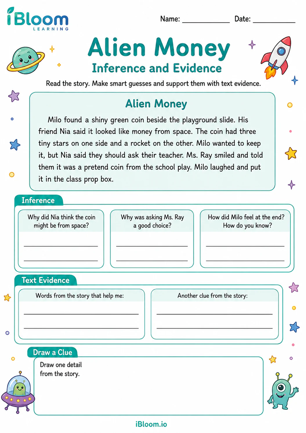 Preview of Alien Money — Inference and Evidence worksheet