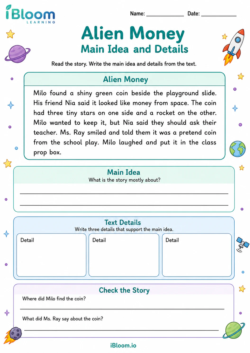 Preview of Alien Money — Main Idea and Details worksheet