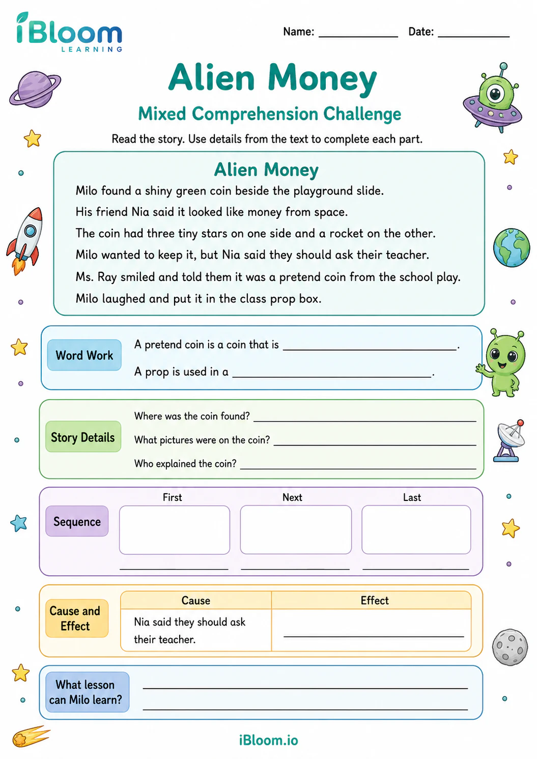 Preview of Alien Money — Mixed Comprehension Challenge worksheet
