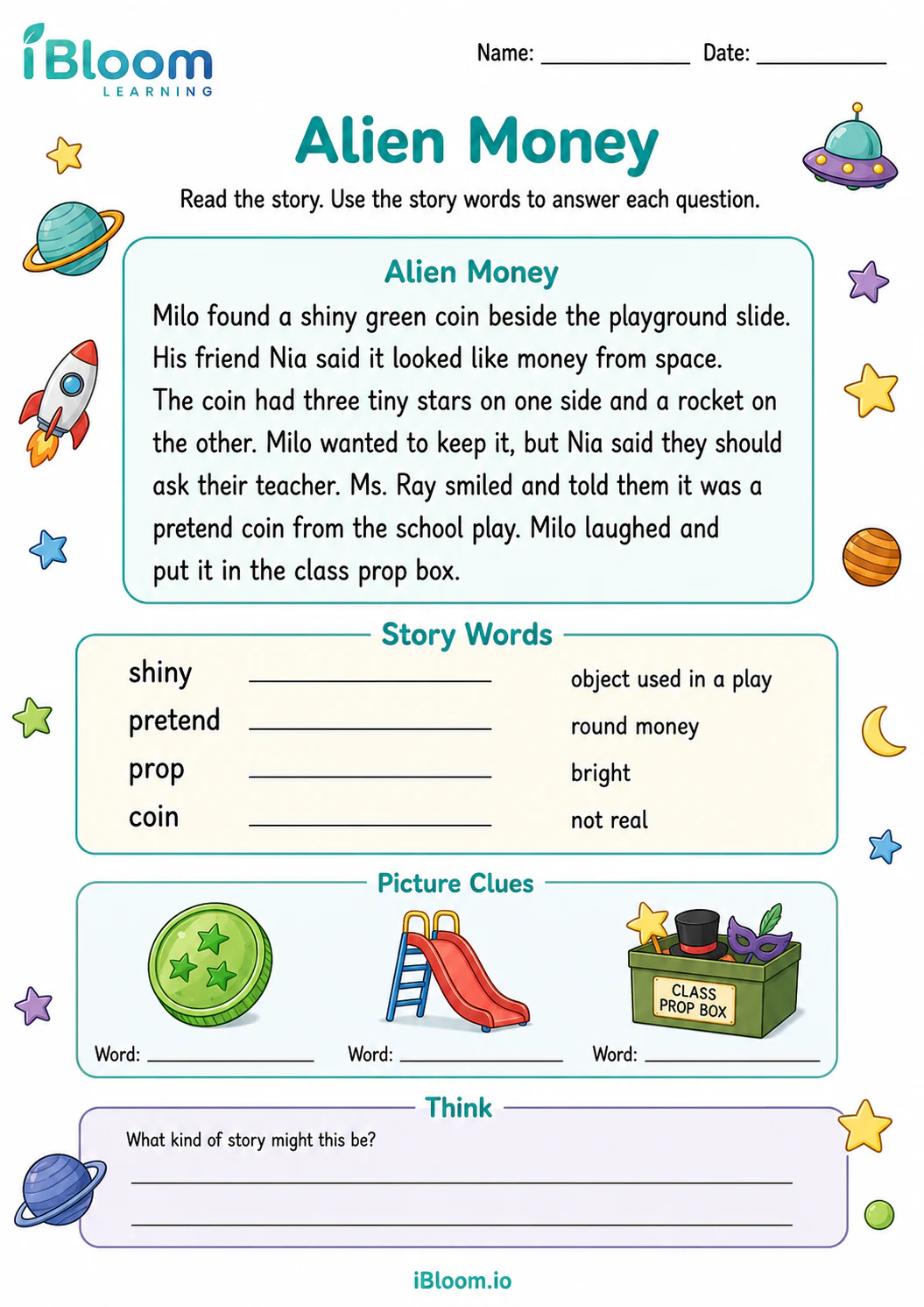 Preview page 1 of Alien Money — Preview and Vocabulary