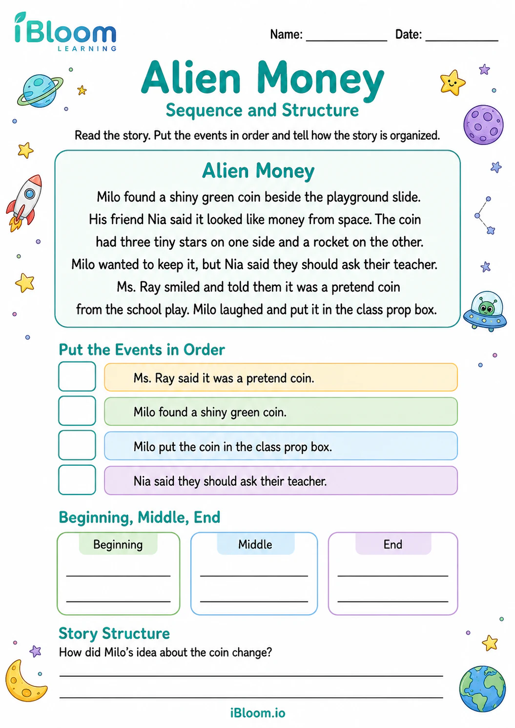 Preview of Alien Money — Sequence and Structure worksheet