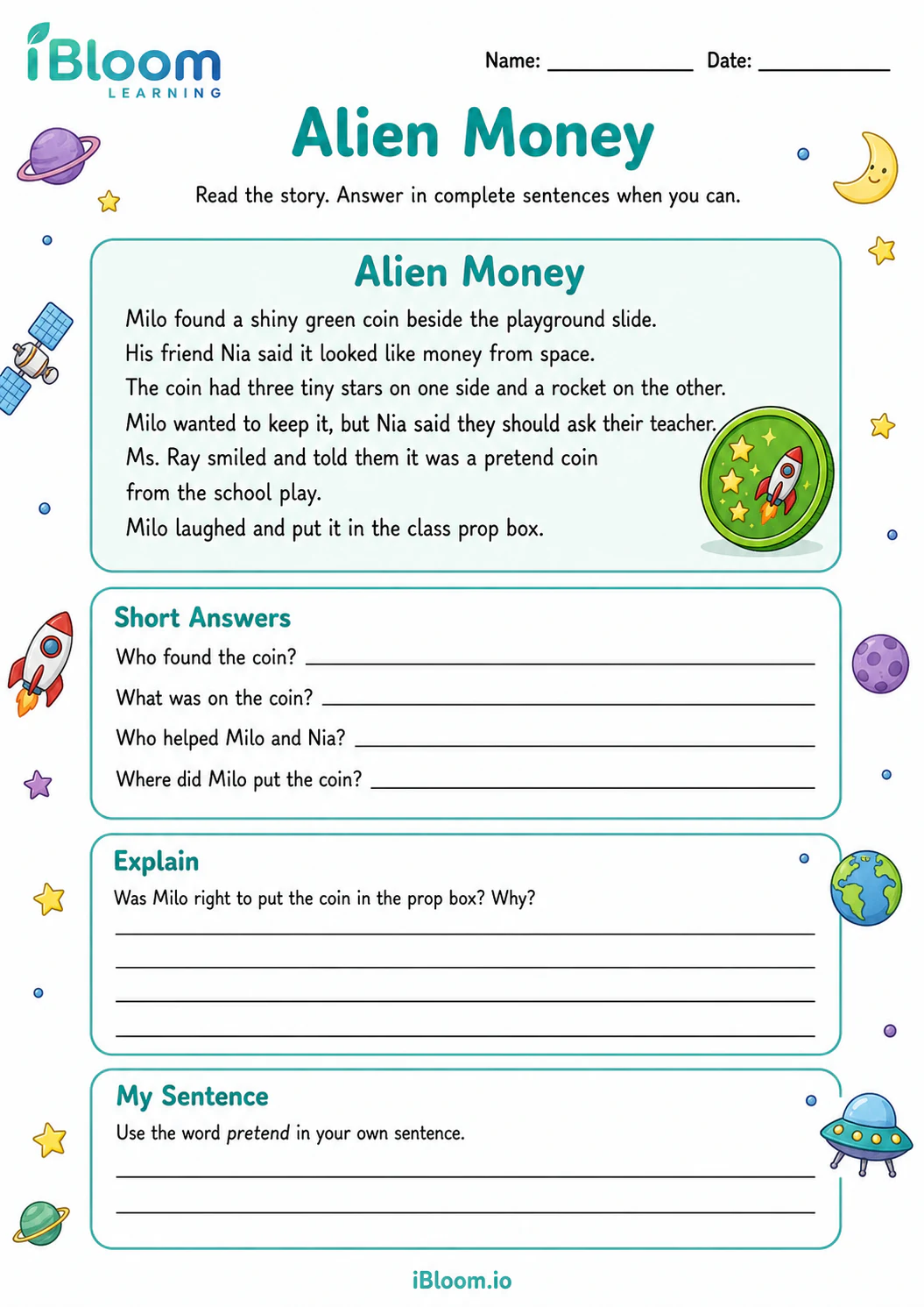 Preview of Alien Money — Written Response worksheet