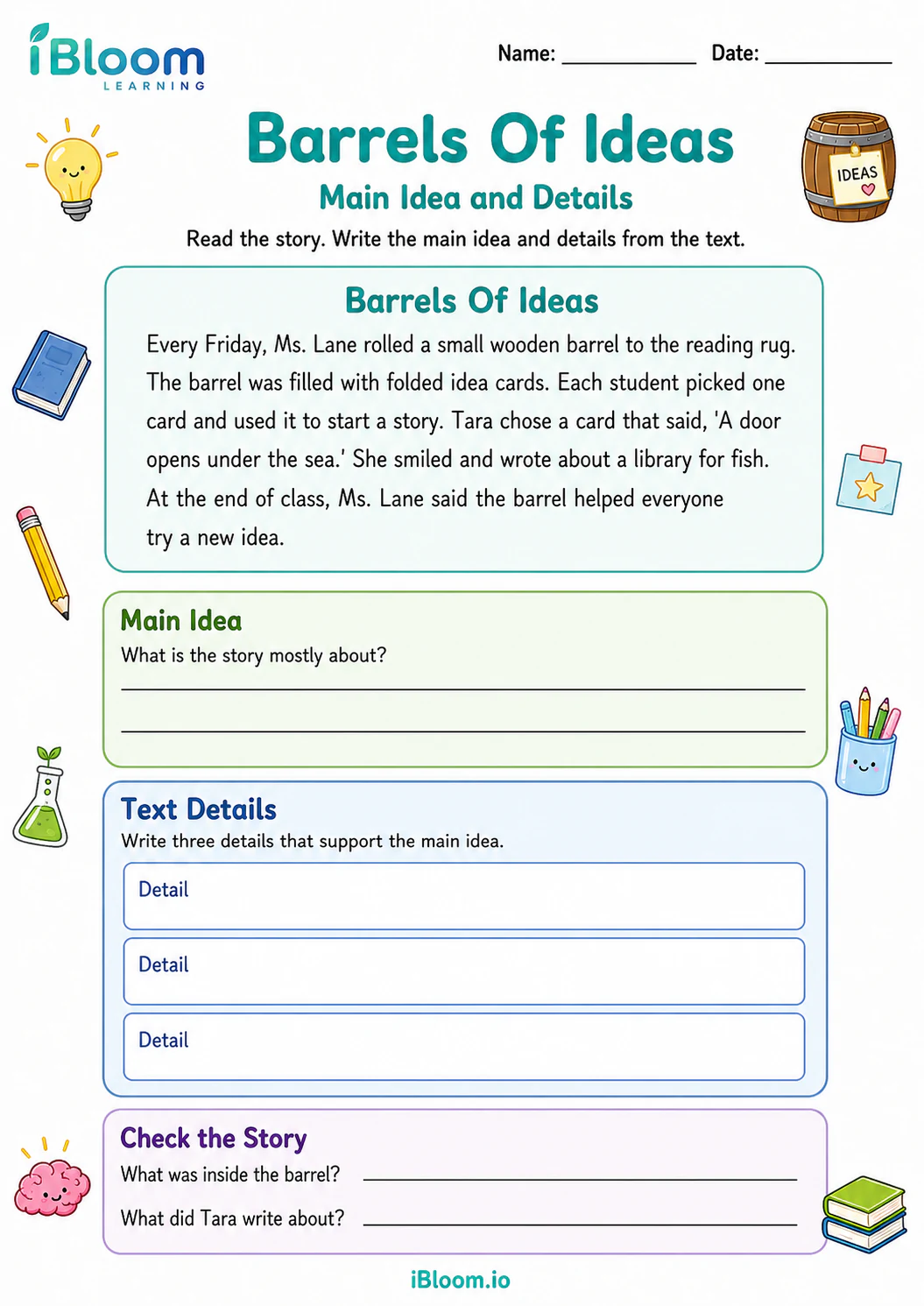 Preview of Barrels Of Ideas — Main Idea and Details worksheet