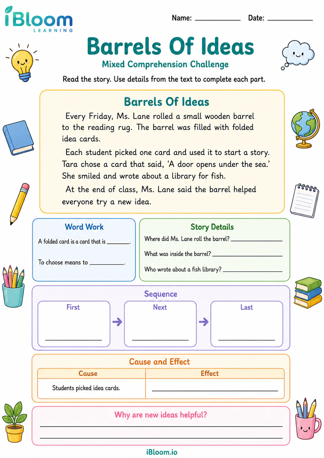 Preview of Barrels Of Ideas — Mixed Comprehension Challenge worksheet