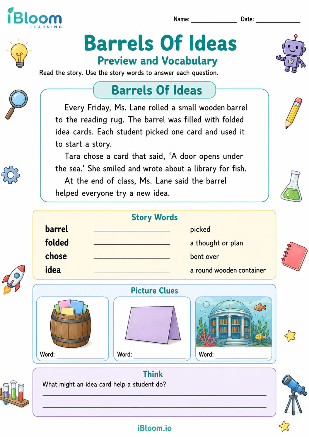 Preview page 1 of Barrels Of Ideas — Preview and Vocabulary
