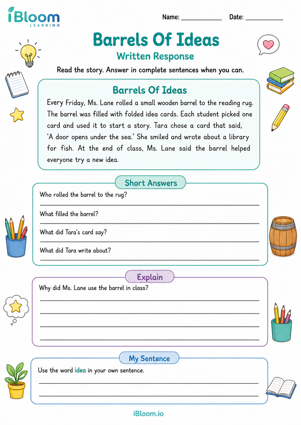 Preview of Barrels Of Ideas — Written Response worksheet