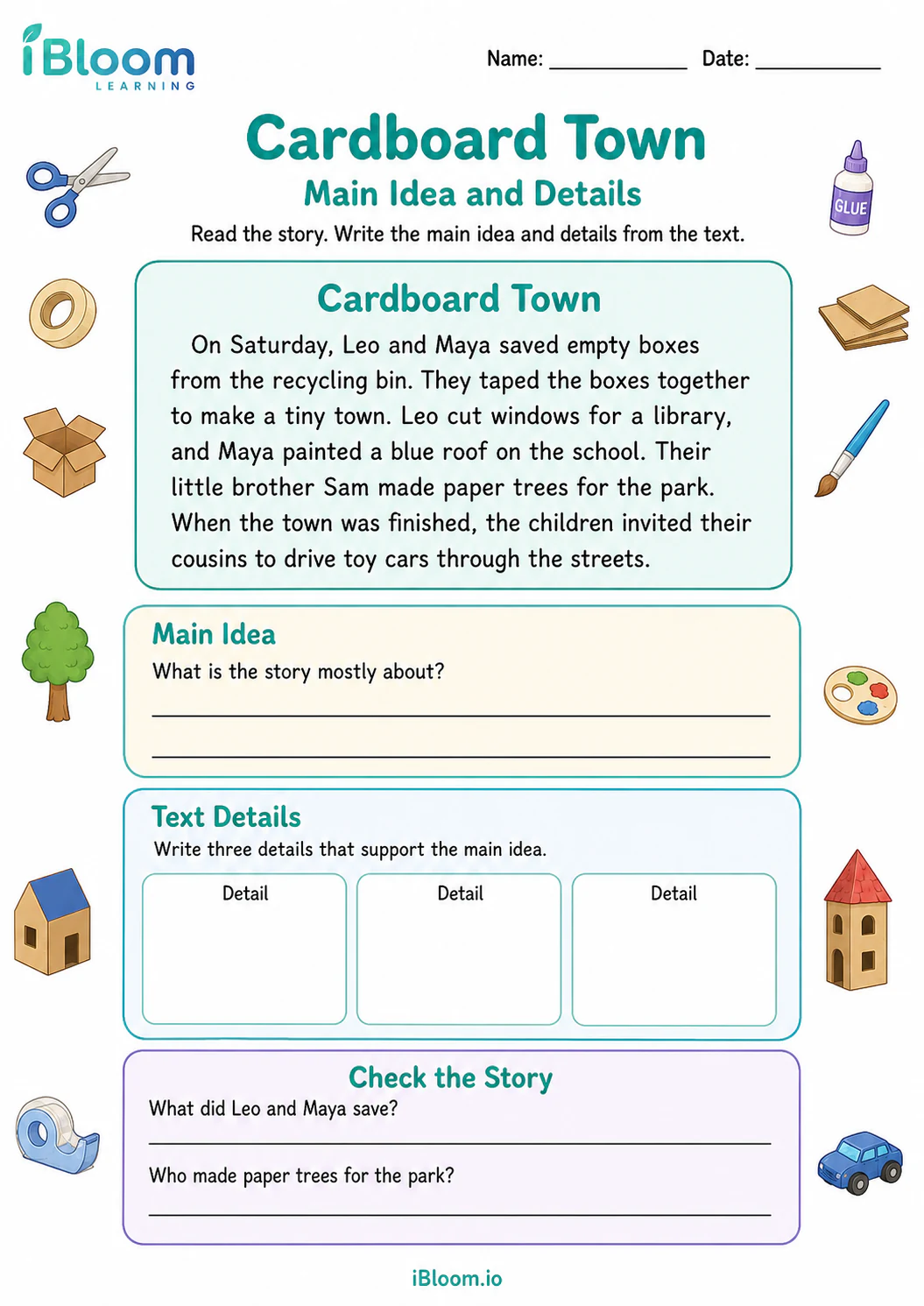 Preview of Cardboard Town — Main Idea and Details worksheet