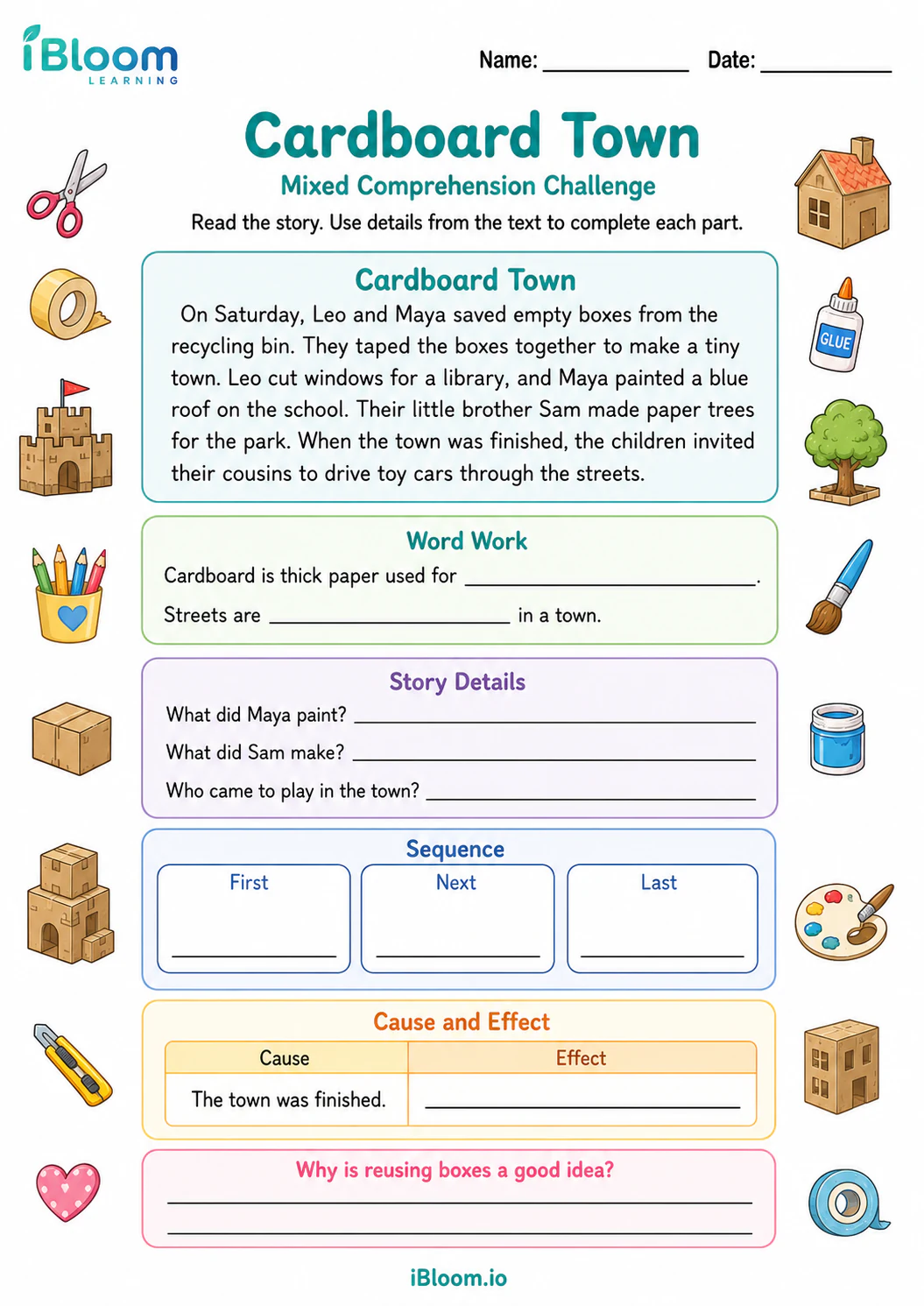 Preview of Cardboard Town — Mixed Comprehension Challenge worksheet