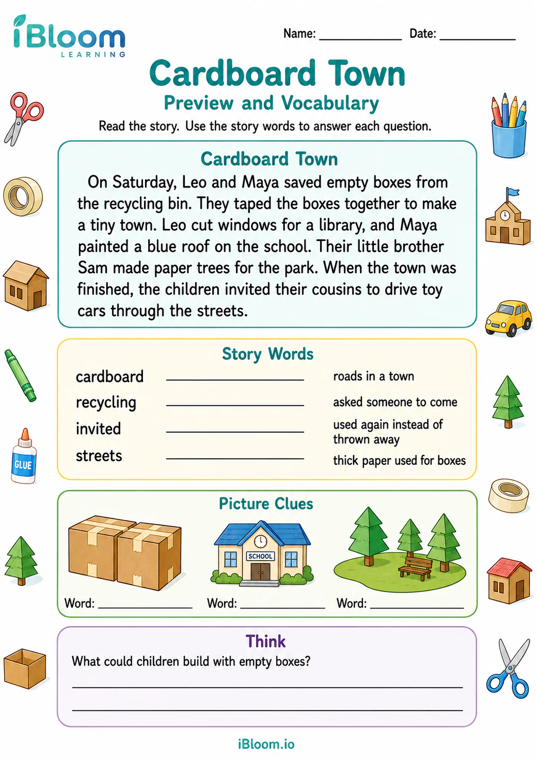 Preview page 1 of Cardboard Town — Preview and Vocabulary