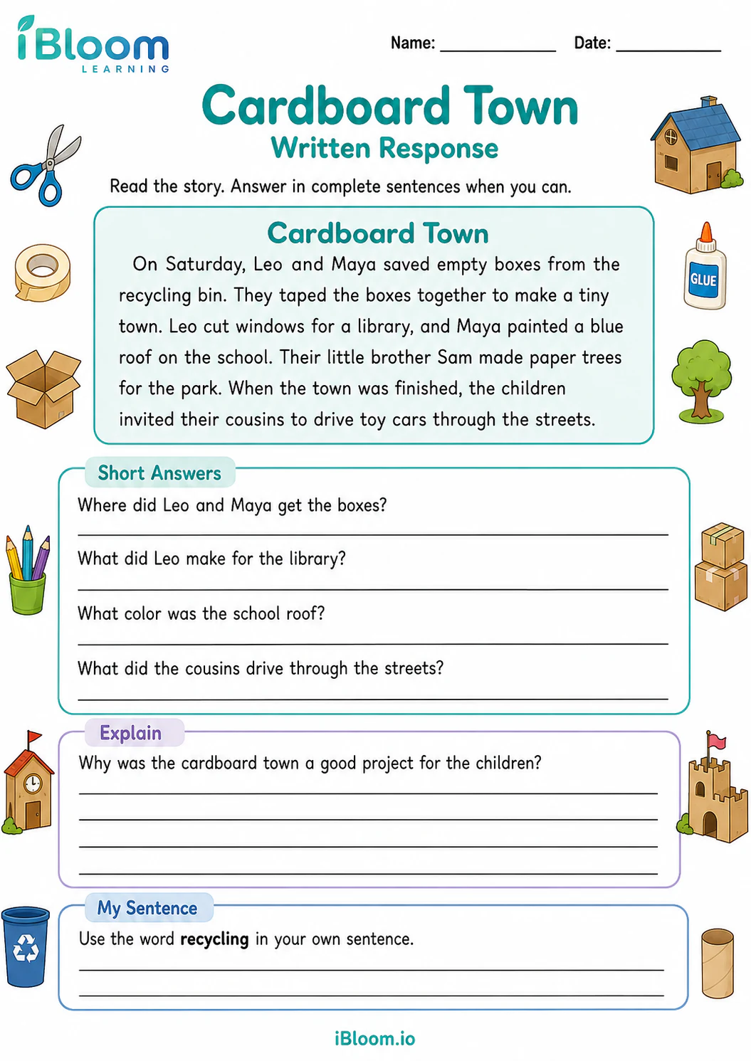 Preview of Cardboard Town — Written Response worksheet
