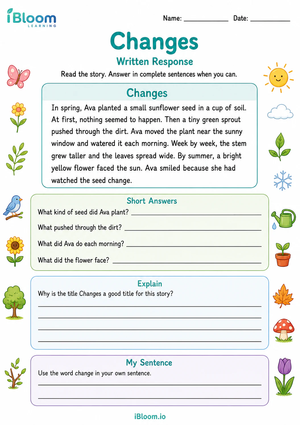 Preview of Changes — Written Response worksheet