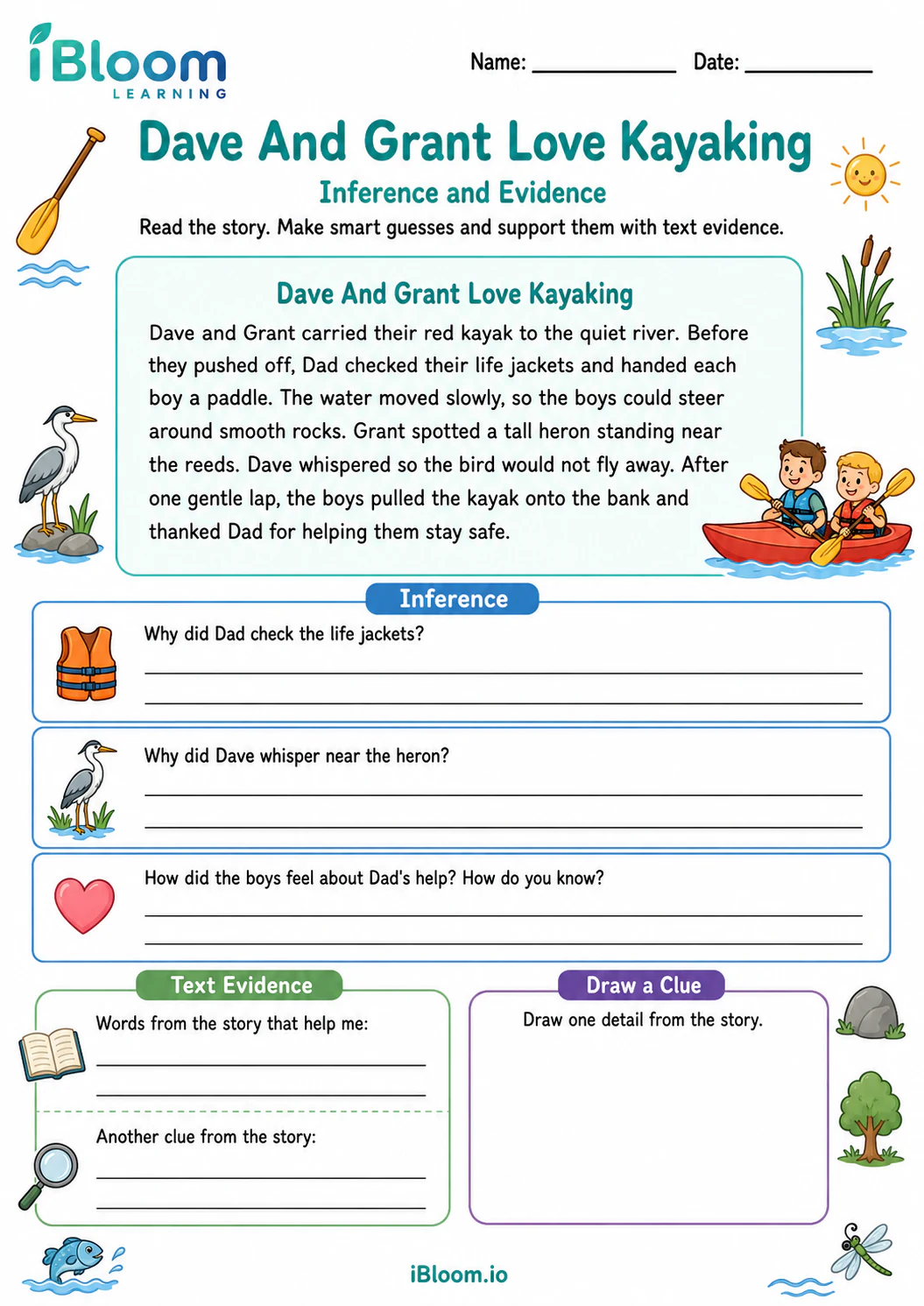 Preview of Dave And Grant Love Kayaking — Inference and Evidence worksheet