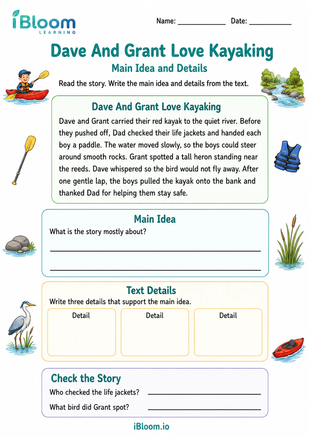 Preview of Dave And Grant Love Kayaking — Main Idea and Details worksheet