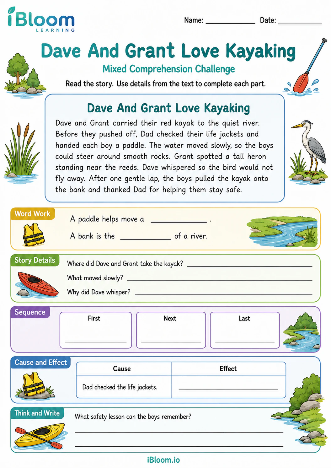 Preview of Dave And Grant Love Kayaking — Mixed Comprehension Challenge worksheet