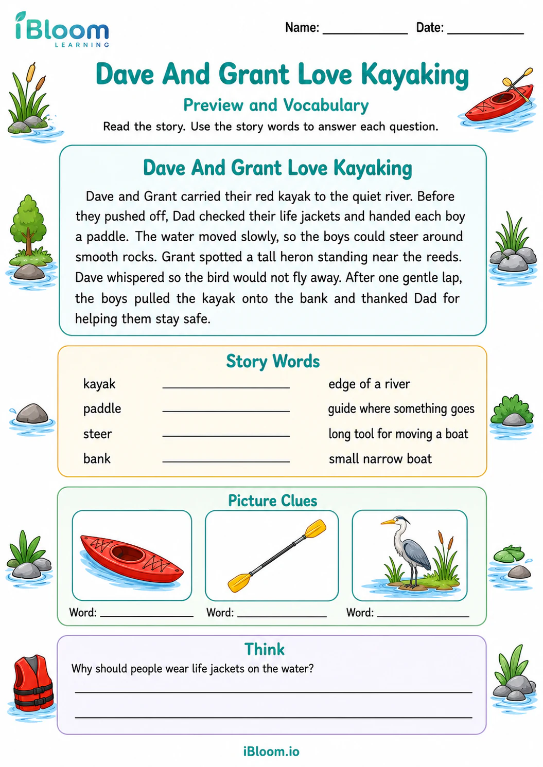 Preview page 1 of Dave And Grant Love Kayaking — Preview and Vocabulary