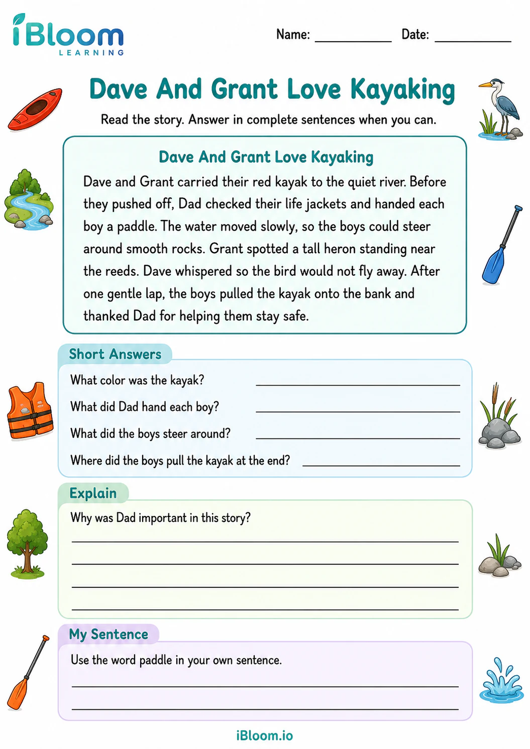 Preview of Dave And Grant Love Kayaking — Written Response worksheet