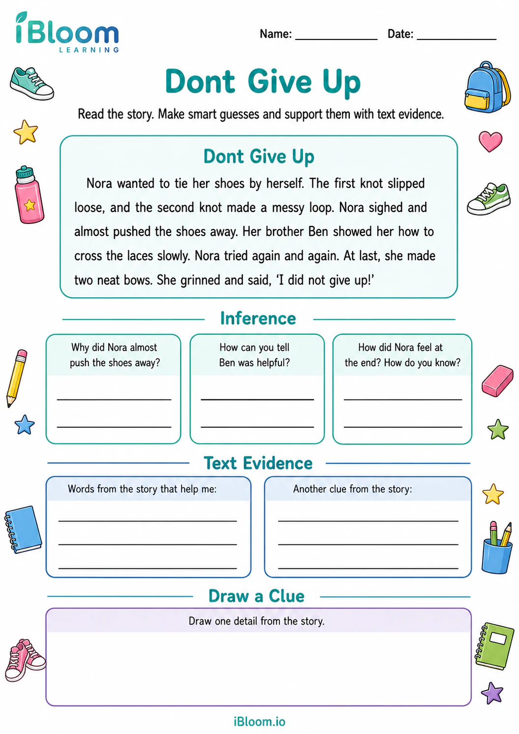 Preview of Dont Give Up — Inference and Evidence worksheet