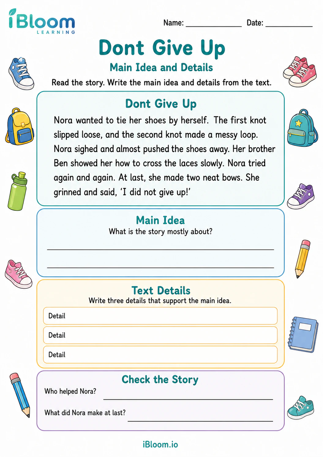 Preview of Dont Give Up — Main Idea and Details worksheet