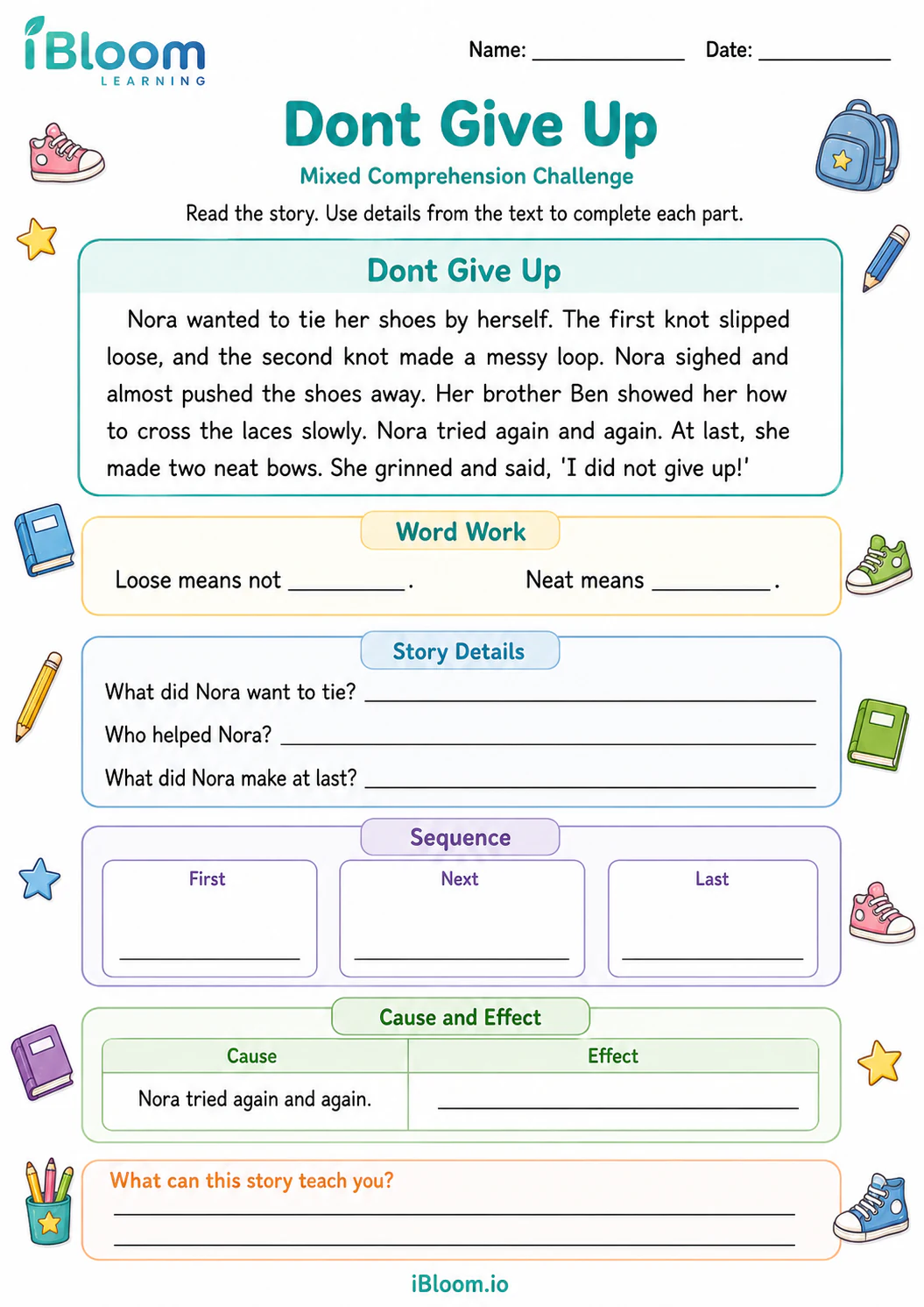 Preview of Dont Give Up — Mixed Comprehension Challenge worksheet