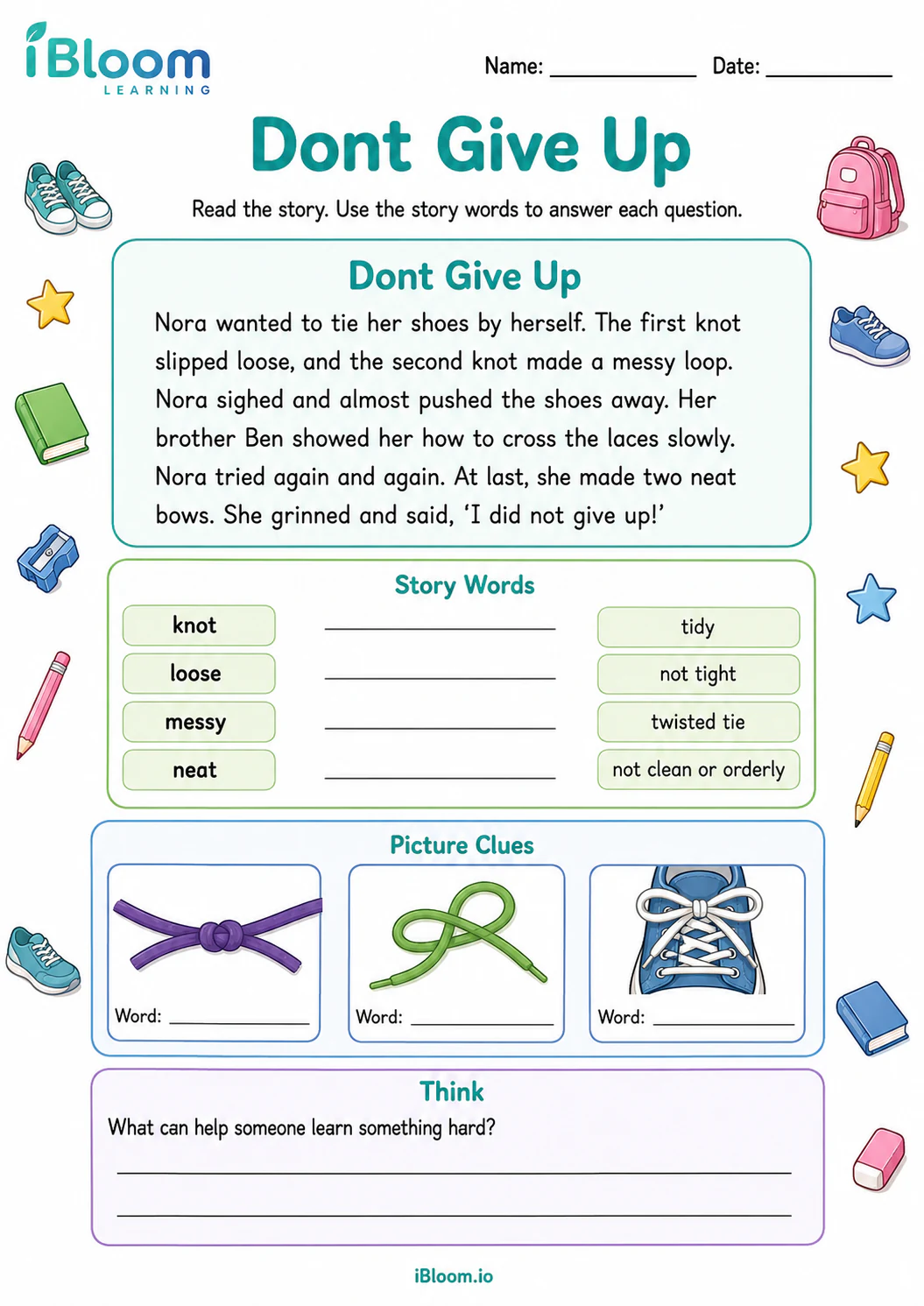 Preview page 1 of Dont Give Up — Preview and Vocabulary