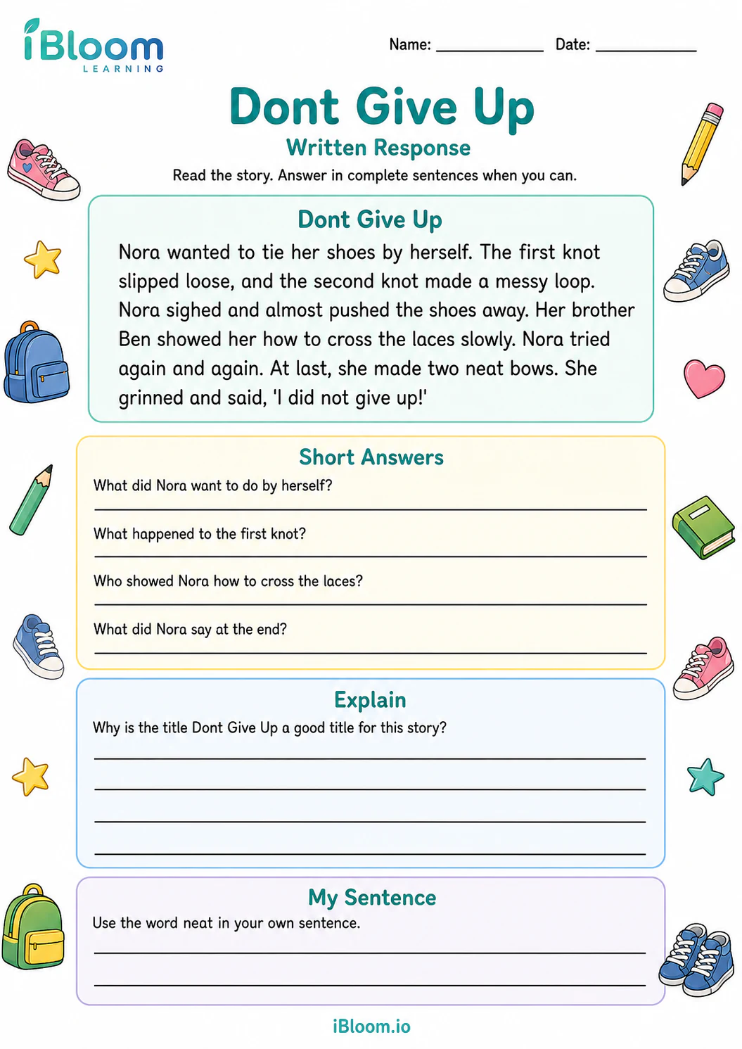 Preview of Dont Give Up — Written Response worksheet