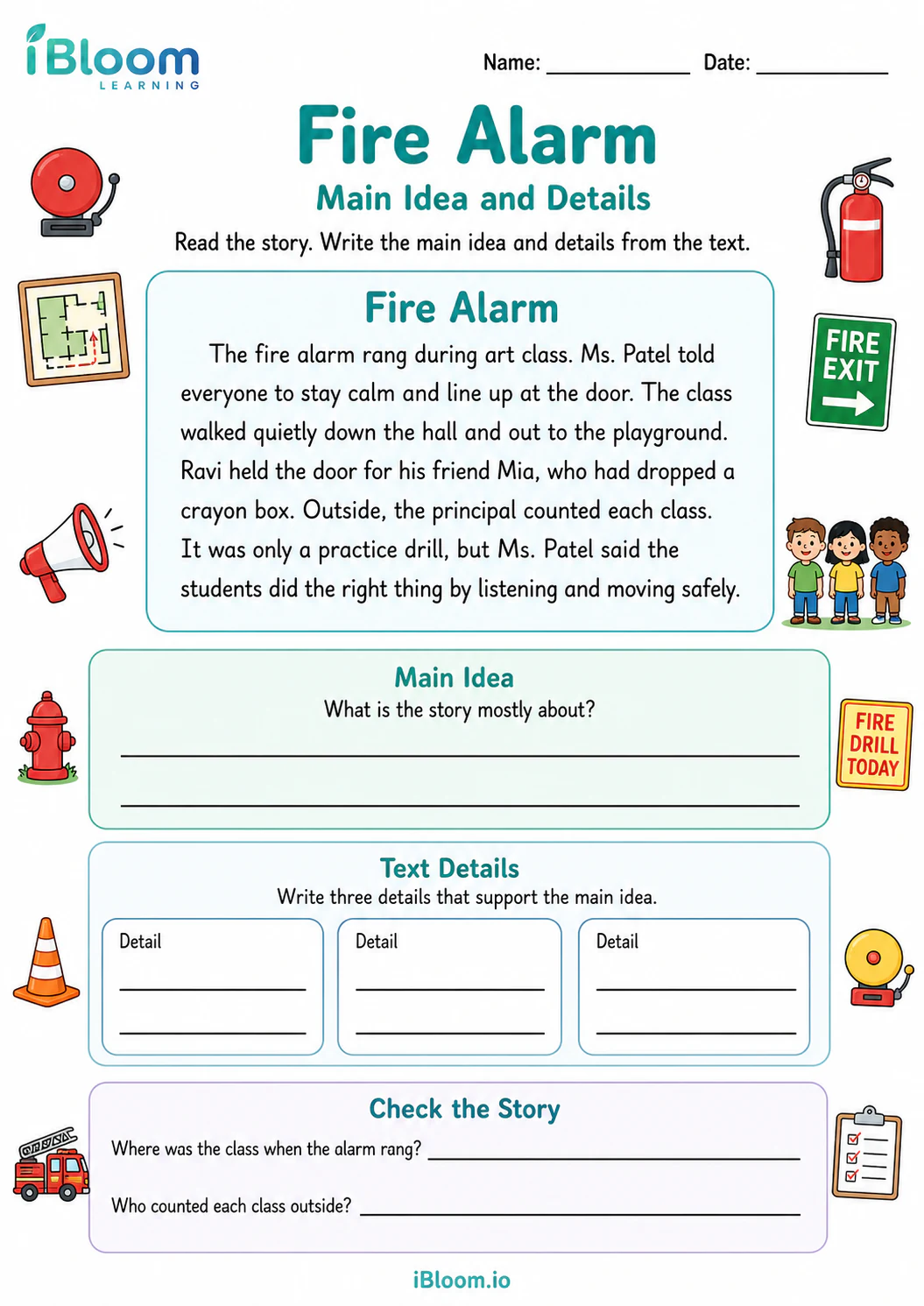 Preview page 1 of Fire Alarm — Main Idea and Details