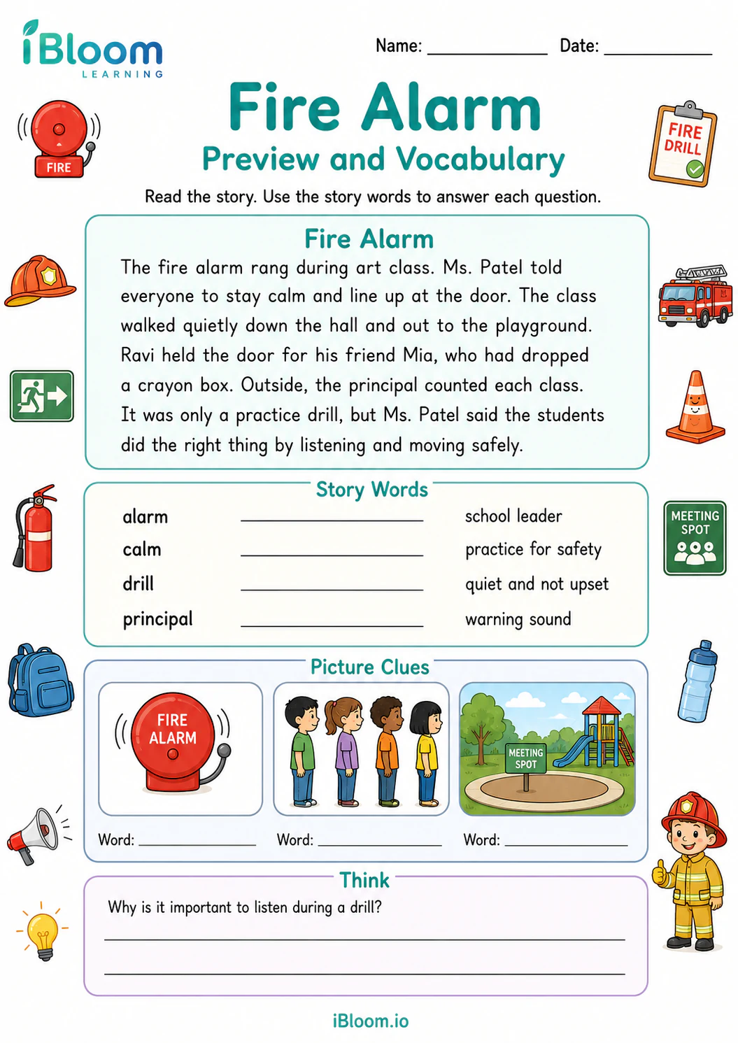 Preview page 1 of Fire Alarm — Preview and Vocabulary